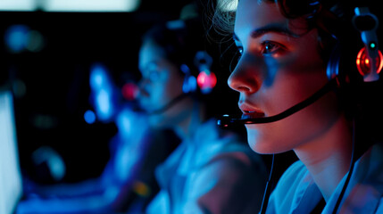 Call Center Agents Working with Headsets. group of focused call center agents wearing headsets, engaged in conversations, emphasizing teamwork, communication, customer service in dimly lit environment