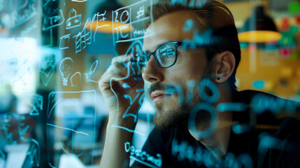 Entrepreneur brainstorming ideas on a glass board. professional drawing and writing business ideas on a transparent glass board, symbolizing creativity, strategy, and innovation in entrepreneurship.
