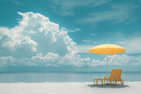 Gentle waves lap at the shore while a yellow umbrella and chairs await relaxation under a stunning blue sky filled with clouds.