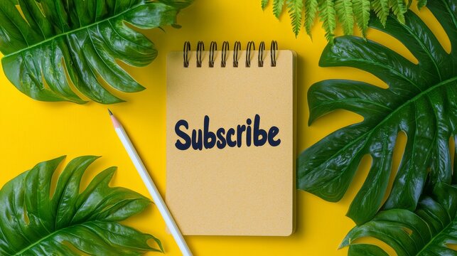 A Vibrant Yellow Notepad With 'Subscribe' Boldly Displayed Among Lush Green Leaves Enthralls Viewers to Engage and Connect