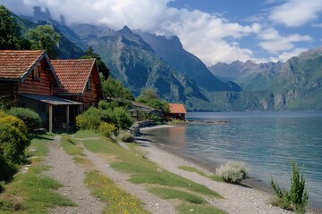 Fototapeta premium Cozy cabins line the tranquil lake's edge, framed by majestic mountains and vibrant wildflowers under a clear blue sky.