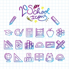 Colorful twenty school icons pack on grid paper Vector