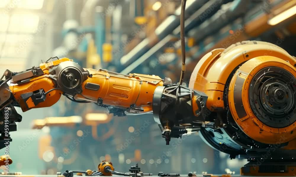 Aufkleber a robot arm assembling a complex piece of machinery, its movements precise and efficient. video