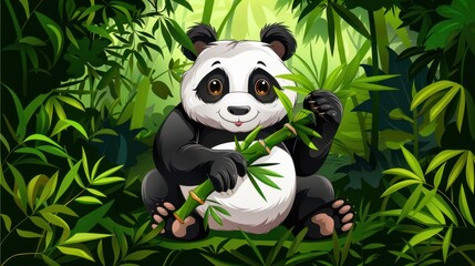 Obraz premium Endearing panda with bamboo, surrounded by verdant bushes. The black and white bear's peaceful demeanor captures the essence of its natural forest habitat.