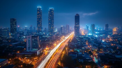 City skyline at night with illuminated skyscrapers and busy traffic in a bustling urban environment