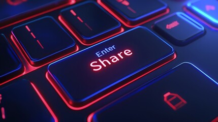 Vibrant Neon Keyboard Focus: Enter and Share Keys Illuminated with a Striking Red and Blue Glow Capturing Modern Digital Interaction