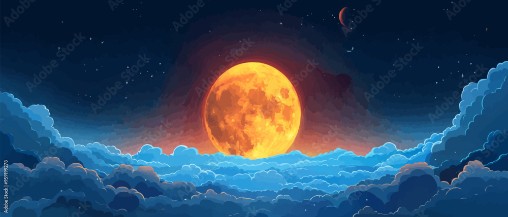 Poster full moon with clouds passing by on a white background. vector flat isolated.