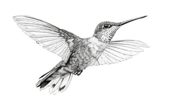 hummingbird in flight, grayscale, detailed drawing clip art preview