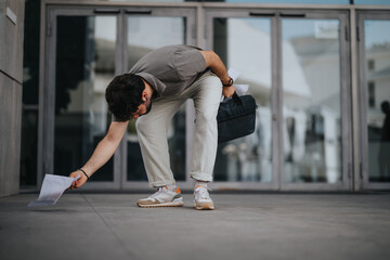 Business professional bending down to pick up a dropped document outside an office building in an...