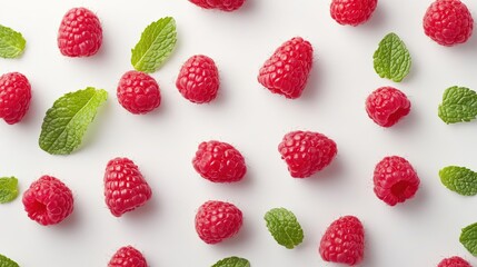 A visually appealing arrangement of raspberries and mint leaves on a white background.