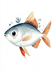 Obraz premium Watercolor illustration of a cute fish with orange fins. Perfect for kids' books or marine-themed designs.