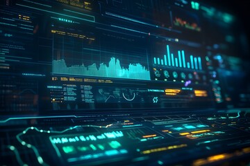 Futuristic Digital Interface with Data Graphs and Charts