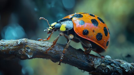 Obraz premium A Vibrant Close-Up of a Colorful Ladybug Crawling on a Twisted Branch in Nature's Lush Environment