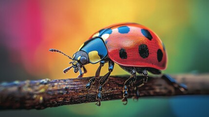Naklejka premium A Vibrant Ladybug Discovering Its World on a Branch Amidst a Dreamy Background of Colors and Soft Light in Nature's Beautiful Palette