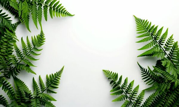 Lush green fern leaves framing a white background with copy space