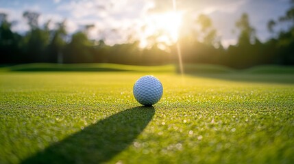 A Perfect Moment on the Golf Course: A Glorious Sunset Shining on a Golf Ball Poised for a Perfect...