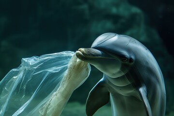 Naklejka premium A dolphin is caught eating a plastic bag, showcasing the dangers of marine pollution.