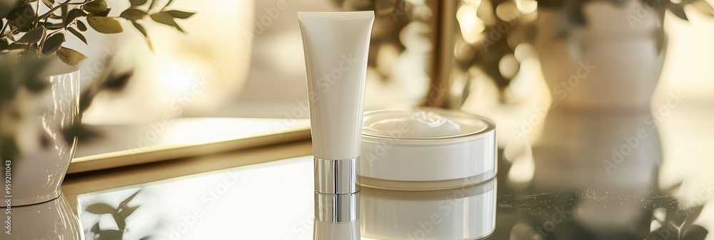 Leinwandbilder a tube of cream stands upright on a reflective mirror, capturing soft light, while nearby greenery a
