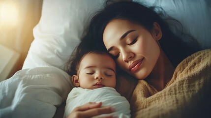 A woman is holding a sleeping baby in her arms