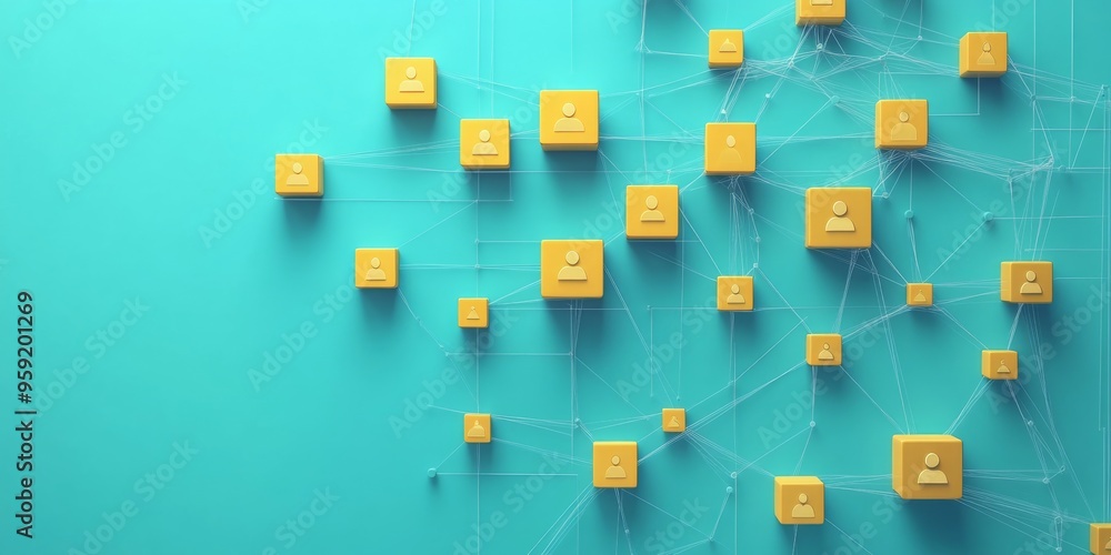 Poster 3d rendering of a human network connection with yellow blocks and people icons on a turquoise backgr