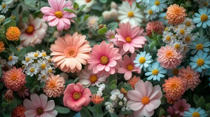 A close-up shot of a variety of colorful flowers in bloom, including pink, peach, white, and blue flowers.