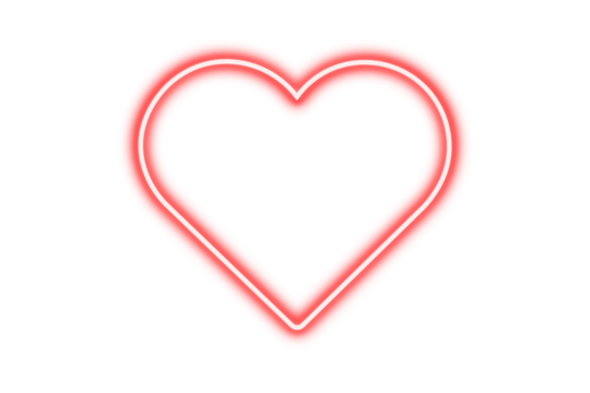 Red neon heart glow sign isolated on transparent background. Neon sparkling love sign, light heart effect PNG. Empty light heart frame for design, Heart symbol for holiday cards, banners, invitations.