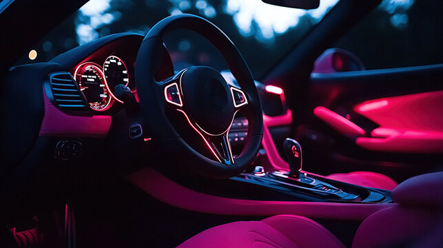   A car's interior features include a steering wheel, dash lights, and dashboard display
