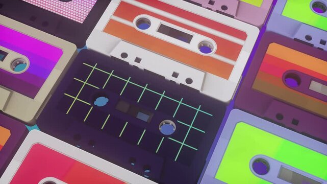 Multicolored audio cassette tapes loop motion background. Retro old cassette tapes with a vintage film look and feel