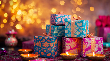Colorful gift boxes with diya and golden bokeh background, diwali gift concpet