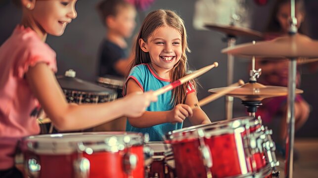 Two young girls are playing drums and smiling
