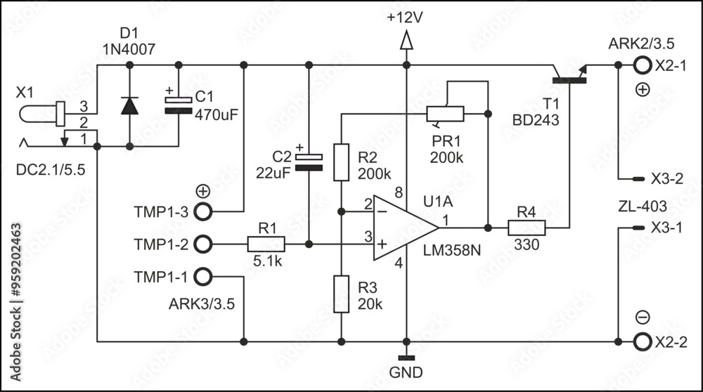 Poster schematic diagram of electronic device on sheet of paper. vector drawing electrical circuit with led