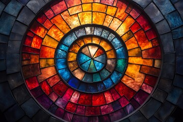 Fototapeta premium Colorful stained glass window in circular pattern.