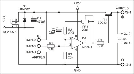 Schematic diagram of electronic device on sheet of paper. Vector drawing electrical circuit with led indicator, 
operational amplifier,
capacitor, resistor, transistor, diode, 
other components.