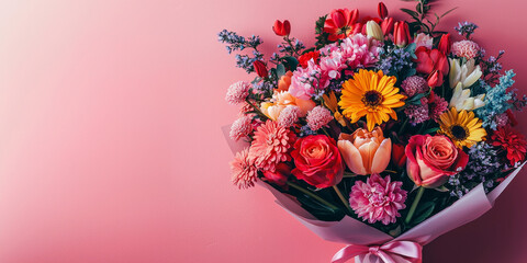 A vibrant bouquet of colorful flowers arranged in a pink wrapping paper.