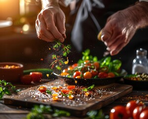 Obraz premium Cooking class with fresh ingredients, dynamic and educational, Culinary, Bright hues, Photograph, Culinary learning