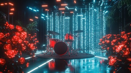 A room with red lights and a drum set