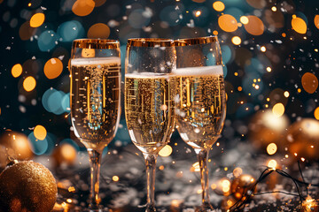 christmas still life with champagne. champagne glasses on the background of christmas lights. AI Generated