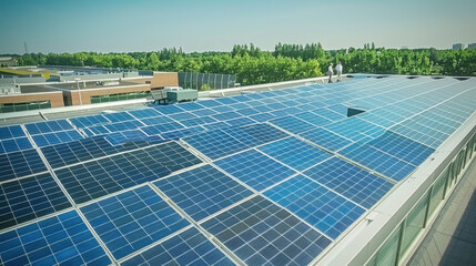 A man and a woman are standing on a rooftop with solar panels