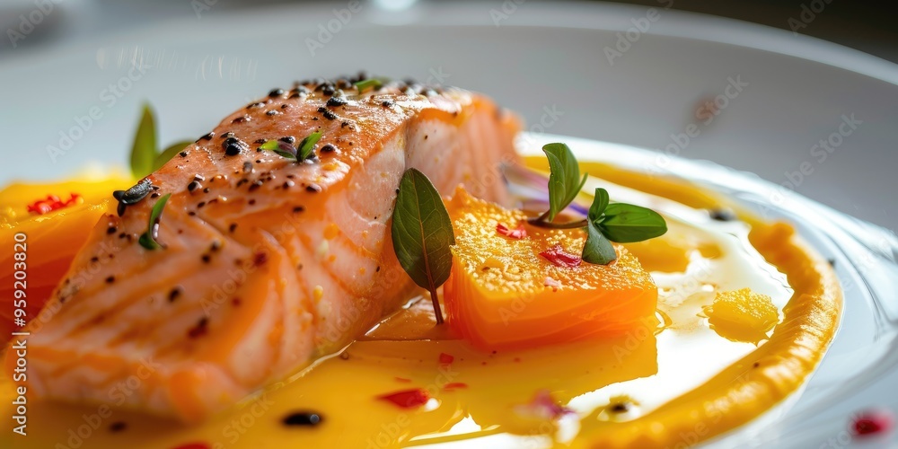 Sticker salmon fillet with passion fruit sauce on a bed of pumpkin