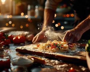 Fototapeta premium Pasta making in a rustic kitchen, fresh and inviting, Culinary, Warm tones, Photograph, Italian cuisine