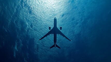 Obraz premium A majestic airplane gracefully soars through the cerulean expanse, its metallic body gleaming against the vibrant blue canvas of the sky. 