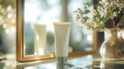 A tube of cream stands upright, reflecting in a mirror beside delicate flowers in a nicely lit setting, highlighting its elegant design. Generative AI
