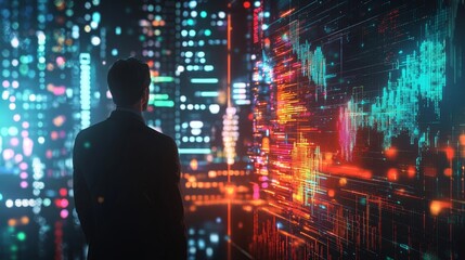 Fototapeta premium Exploring Futuristic Data Visualizations: A Business Professional Engaging with Dynamic Market Insights