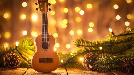 Fototapeta premium A small ukulele is sitting on a wooden table with pine cones