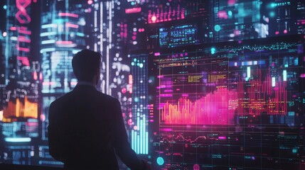 Obraz premium A Business Professional Delves into Holographic Market Trends Amidst a Vibrant Digital Skyline Bathed in Neon Lights