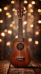 Naklejka premium A brown ukulele is sitting on a wooden table