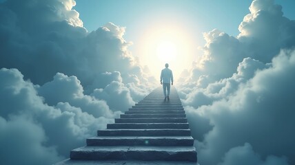 Stairs to heaven and human soul going to heaven visualization. Stairs going up to the cloudy sky. Bright light visible in clouds representing heaven