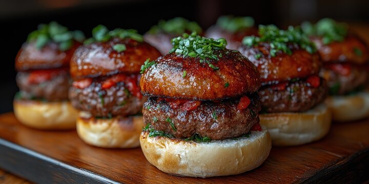 Close-up of Mini Burgers with Toppings on a Wooden Platter