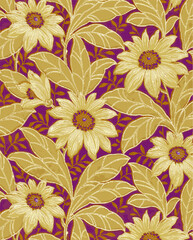 Stylized yellow flowers and leaves on a purple background create a pattern, evoking art nouveau aesthetics.