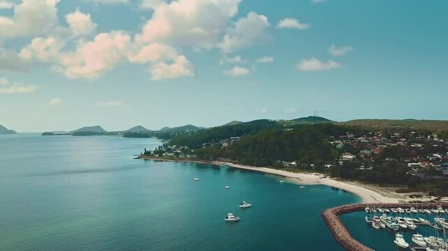 Aerial View Of the Calm Blue Sea In Shoal Bay, Port Stephens, Australia.